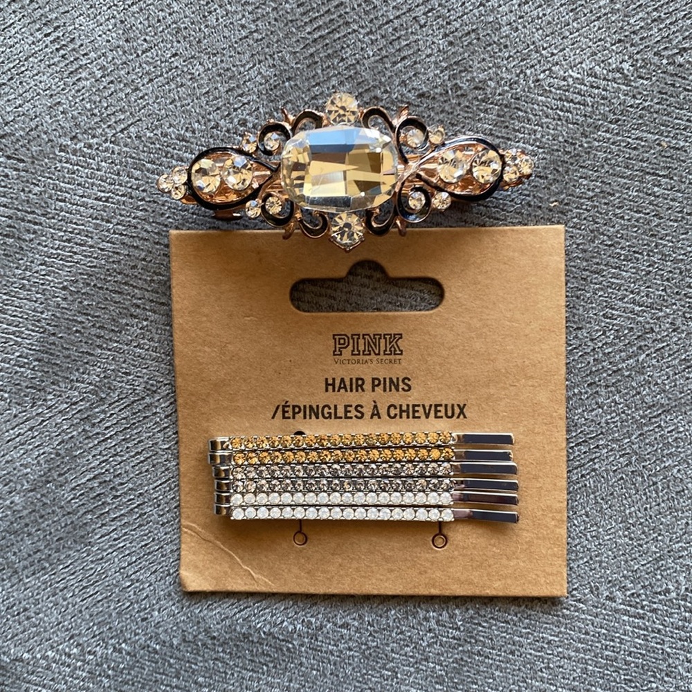 Pink Victoria's Secret rhinestone bobby pins and rhinestone barrette